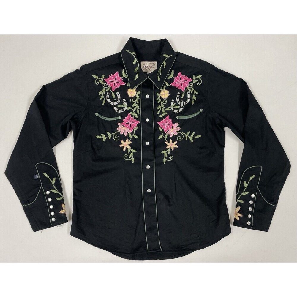 Rockmount Ranch Wear Black Floral Embroidered Snap Button Western Shirt Size L